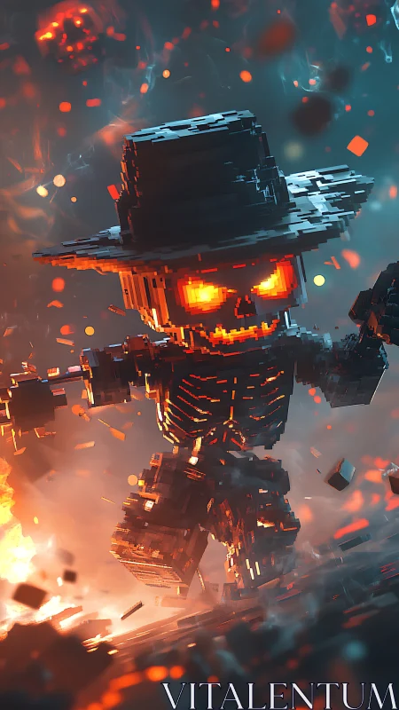 Voxel ember skeleton strides through a fiery digital storm.