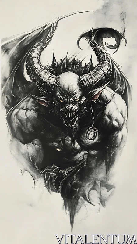 Horned winged demon figure rendered in monochrome detail