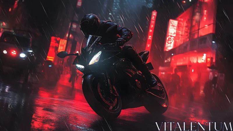 Night rider slicing neon rain on a futuristic city street.