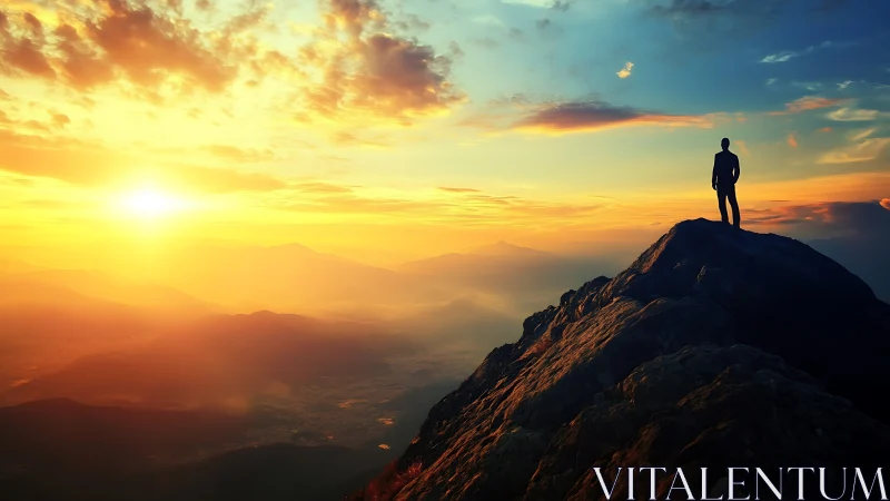 Solitary dreamer bathing in molten sunrise above peaks.