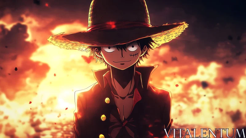 Anime hero portrait against blazing cinematic inferno backdrop.