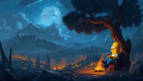 Homer Simpson watches burning cityscape under moonlight.