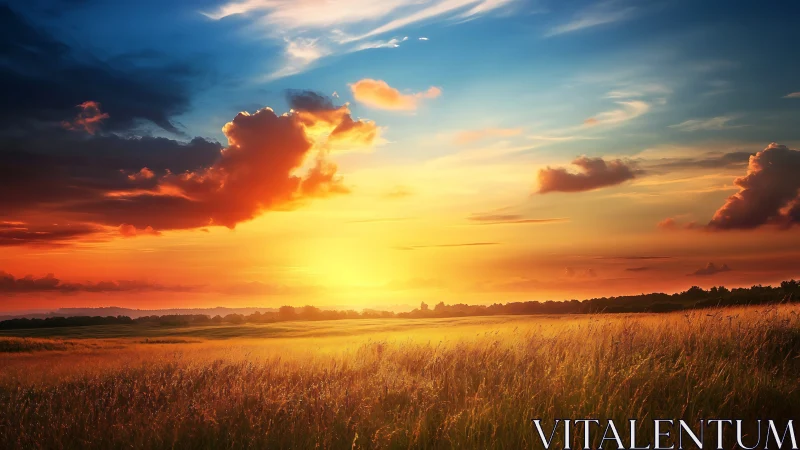 Sunset over open grassland with distant dark treeline.