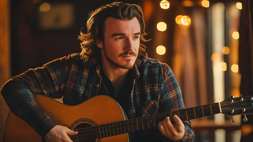 Male guitarist indoors with acoustic instrument and warm lights.