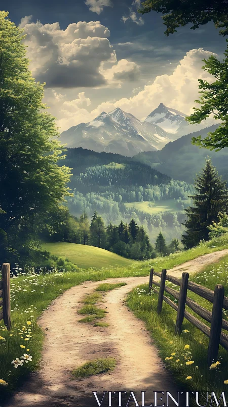 Country path curls toward cloud crowned alpine peaks