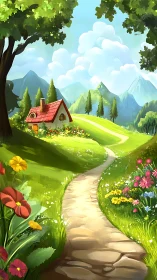 Idyllic cottage path winding through sunlit floral valley