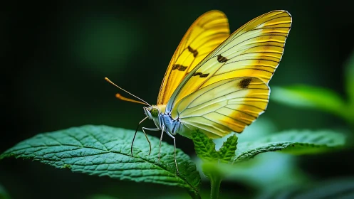 Yellow veined butterfly macro on leaf with rich bokeh background.