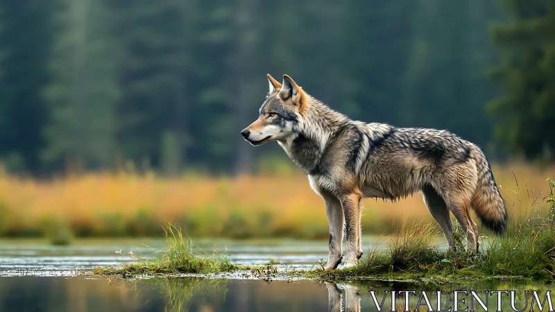 Grey wolf stands alert beside reflective forest wetland