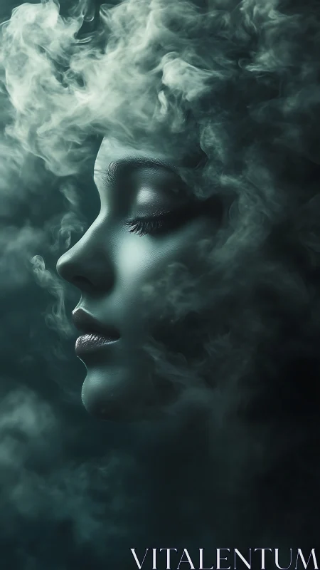 Softly dreaming profile wrapped in drifting emerald mist.