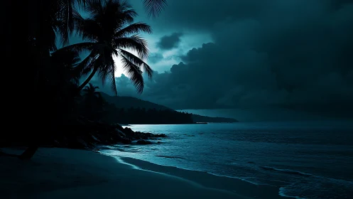 Moonlit Tropical Coastline: Silhouetted Palm and Luminous Ocean Swell.