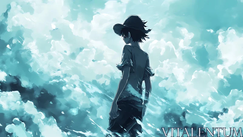 Solitary anime boy stands amid swirling teal clouds.