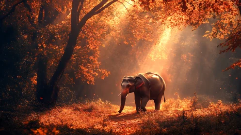 Elephant walking through sunlit autumn forest clearing.