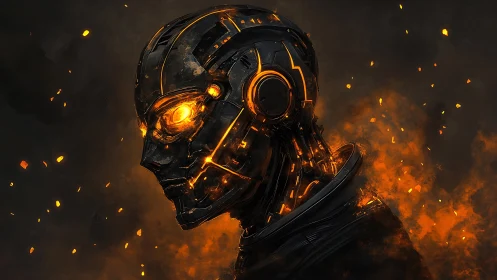Fiery cybernetic guardian glowing with molten embers.