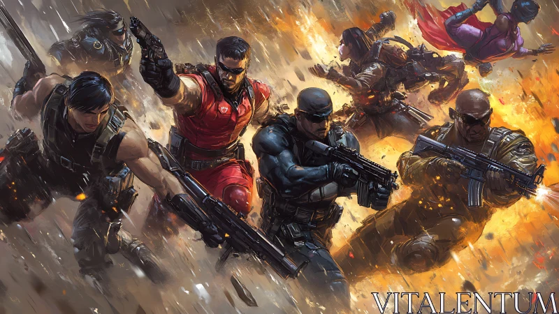 Tactical squad advancing through explosive battlefield scene.