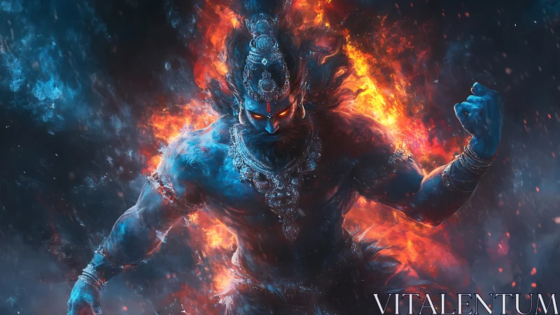 Mythic fire warrior strides through swirling blue and ember storms