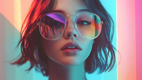 Neon reflections quietly rewrite her gaze behind glass