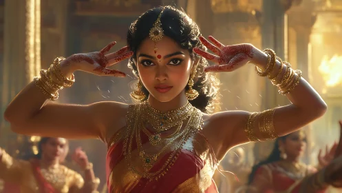 Golden temple dancer poised in radiant classical grace.