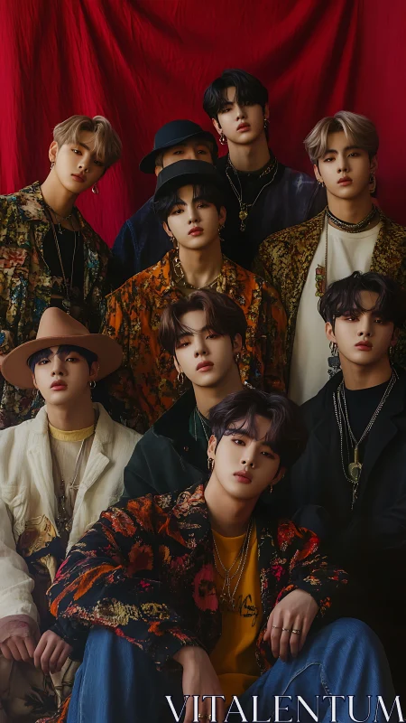 Fashion-forward boy band poses in rich patterned layers.