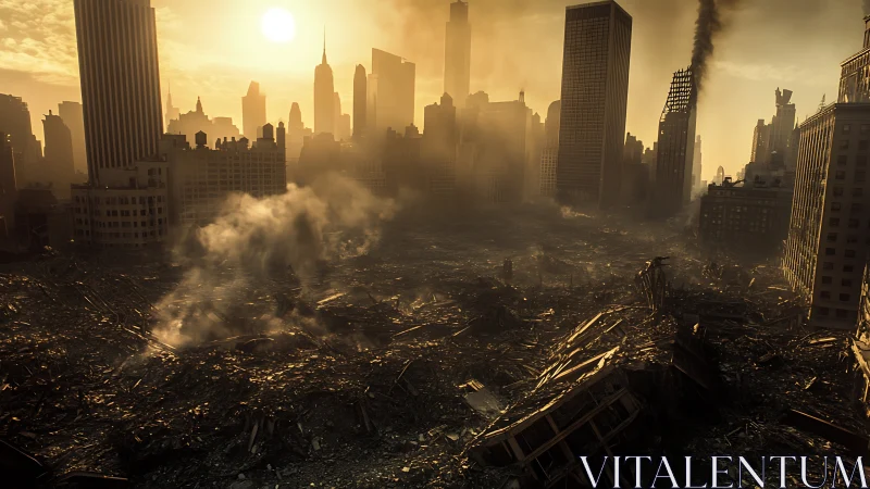 Sunlit devastation across a ruined highrise metropolis skyline.