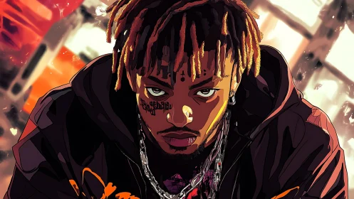 Moody illustrated portrait glowing with quiet intensity.