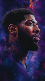 Vivid profile portrait in saturated violet and orange clouds.