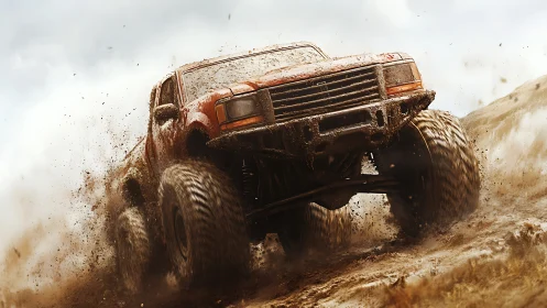 Photorealistic off-road truck in dynamic mud-splash action.