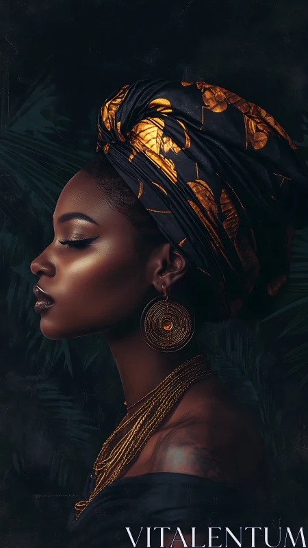 Profile portrait with golden headwrap and sculpted lighting.