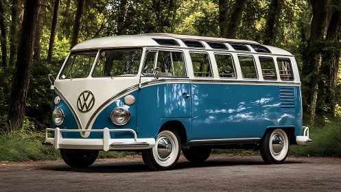 Restored Volkswagen T1 microbus in forest lighting geometry.