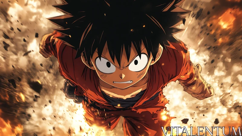 Fiery anime warrior charges through exploding battlefield