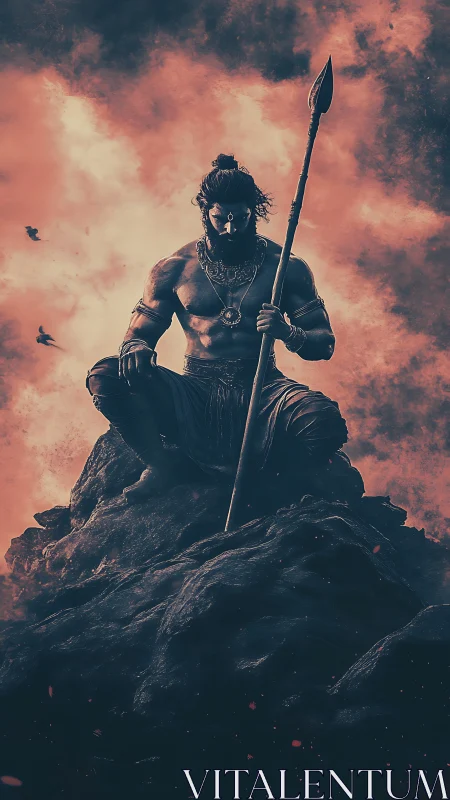 Warrior seated on rocky peak with spear and storm clouds.