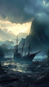 Storm-lit ghost galleon waits in a drowned, misty cove