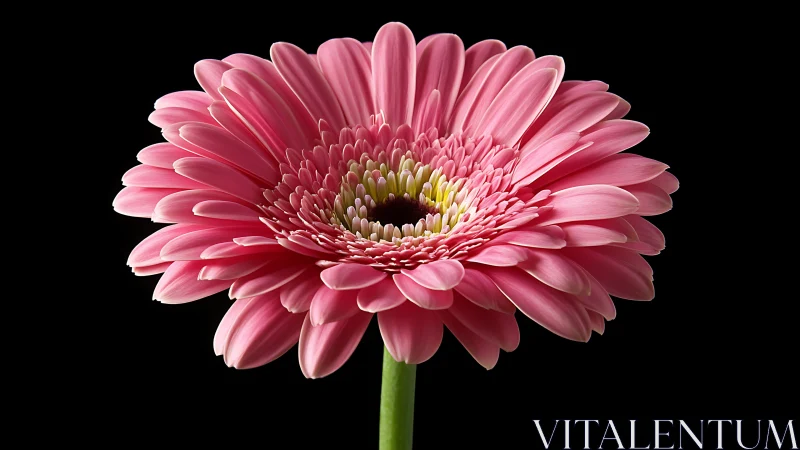 Pink Gerbera Daisy in Full Bloom Against Black Background