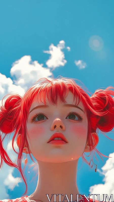 Skyward gaze paints a red haired daydream in sunlight