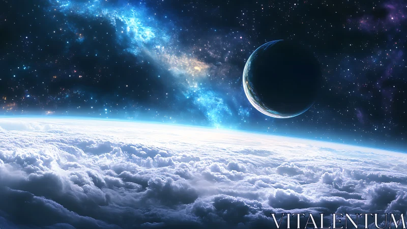 Planetary horizon above cloud sea with distant nebula glow.