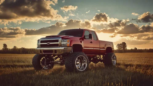 Lifted red pickup truck gleams against a golden prairie sunset