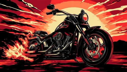 Stylized motorcycle illustration is positioned against a red sky