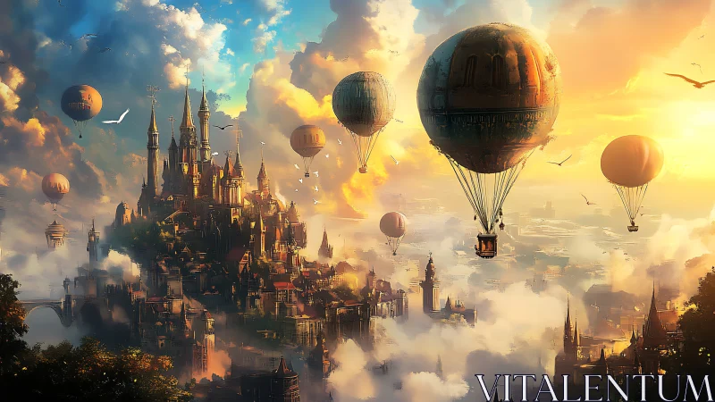 Castle city skyline with airships above layered cloudscape.