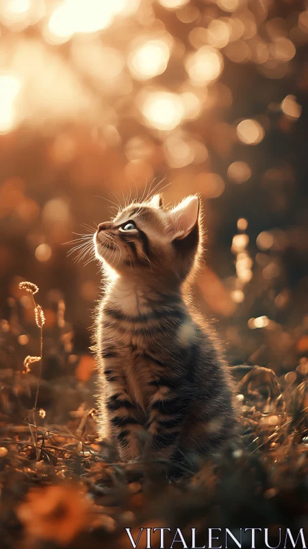 Golden hour kitten portrait under warm bokeh light.