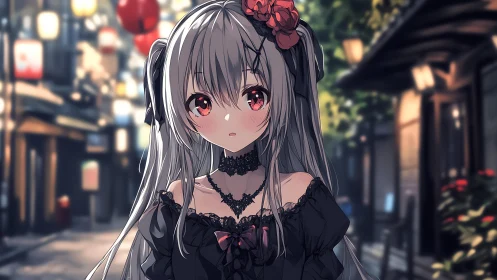 Gothic anime girl glows softly under lantern lit city street