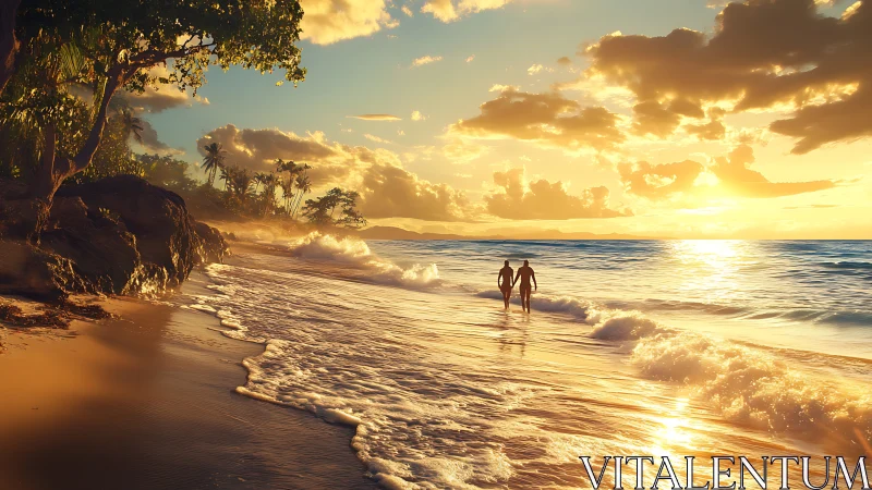 Golden sunset stroll captures romantic calm on tropical shore