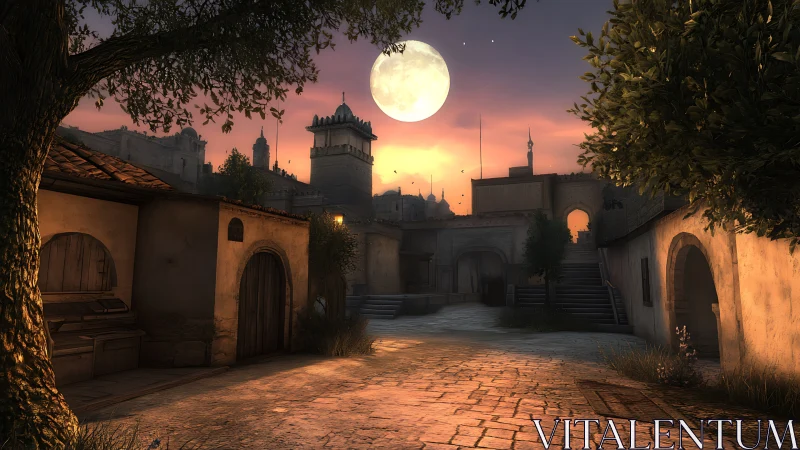 Moonlit old town courtyard soaked in ember dusk glow.