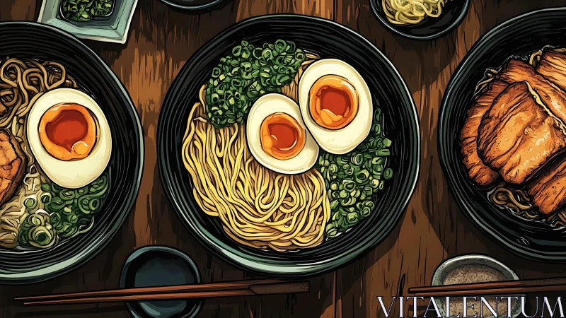 Cozy ramen bowls with golden eggs on a wooden table.