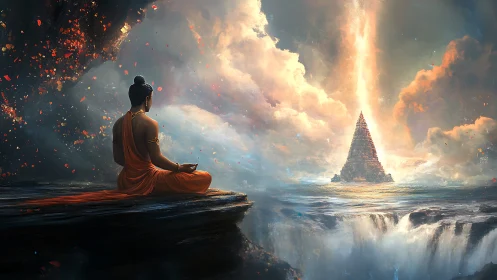 Serene monk watching a luminous temple rise from clouds.