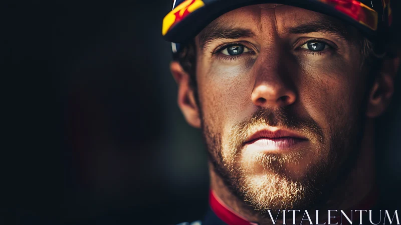 Intense bearded racer portrait in dramatic low key light.
