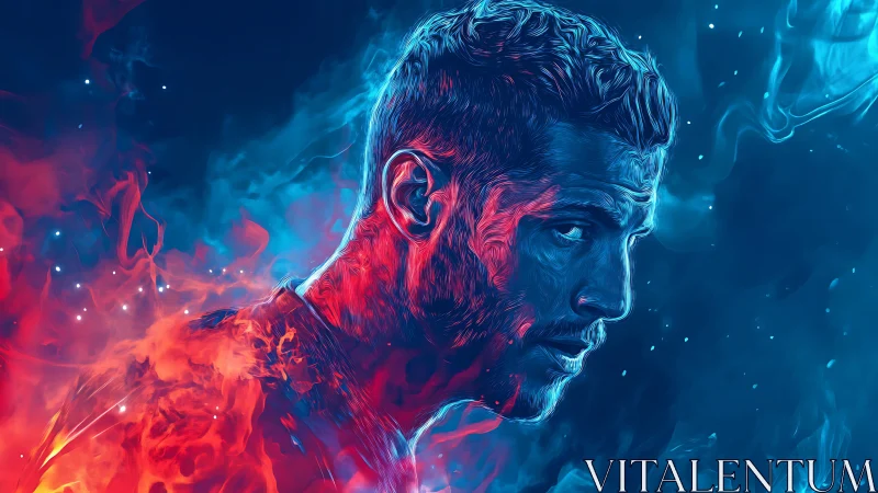 Male portrait splits between red fire and blue smoke realms