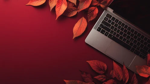 Aluminum laptop with autumn foliage on matte red background plane