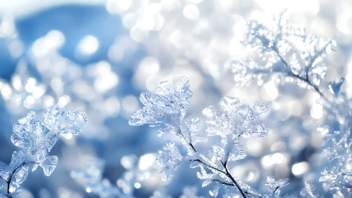 Frosted branches in macro focus with luminous winter bokeh.