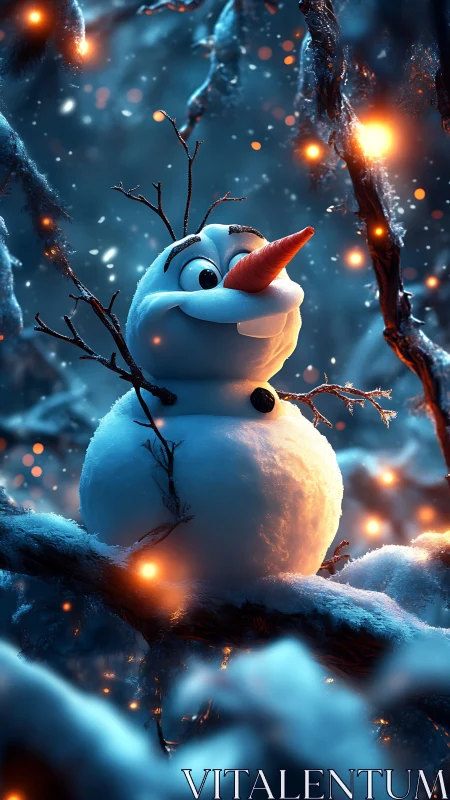 Smiling cartoon snowman glows in a magical winter forest