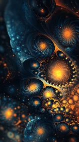 Fractal nebula spirals with glowing orange stellar cores.