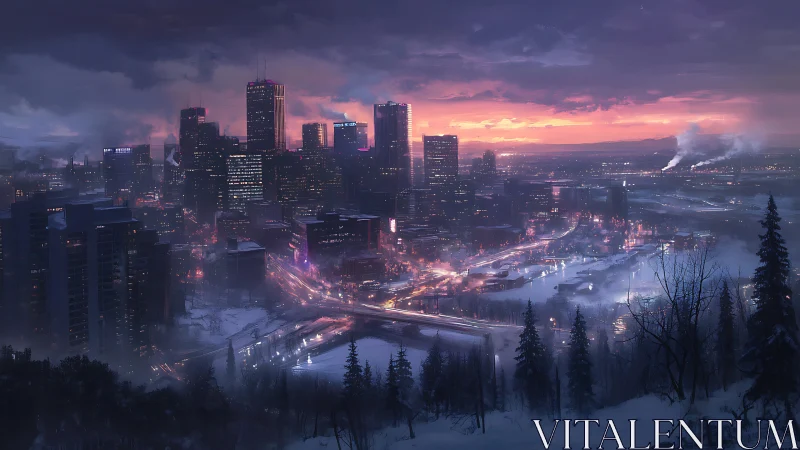 Winter dusk cityscape glowing with neon-lit arteries.